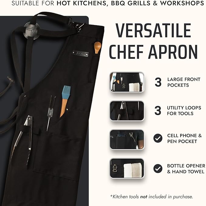 Asaya Chef and BBQ Apron with Bottle Opener and Hand Towel - 10oz Cotton Canvas, Stainless Steel Hardware - Cross Back Straps - Image 2