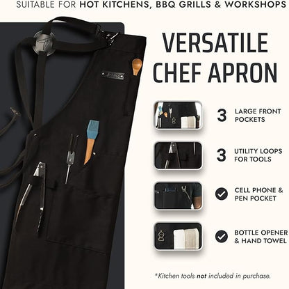 Asaya Chef and BBQ Apron with Bottle Opener and Hand Towel - 10oz Cotton Canvas, Stainless Steel Hardware - Cross Back Straps - Image 2