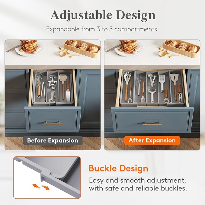Lifewit Utensil Organizer for Kitchen Drawers, Expandable Cooking Utensil Tray, Adjustable Cutlery Silverware Flatware Holder, Plastic Spatula Tools Storage Divider, 11-18 x 14", Gray - Image 4