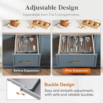 Lifewit Utensil Organizer for Kitchen Drawers, Expandable Cooking Utensil Tray, Adjustable Cutlery Silverware Flatware Holder, Plastic Spatula Tools Storage Divider, 11-18 x 14", Gray - Image 4
