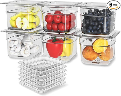 Plastic Clear Food Pan 1/6 Size Stackable Polycarbonate Pan with Capacity Indicator Restaurant Commercial Hotel Pans for Fruits Vegetables Beans Corns (6 PCS, 2.5'' Deep)