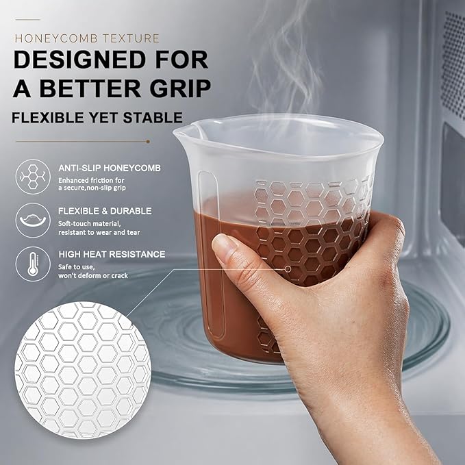 Palksky Silicone Measuring Cups Set 2-Cup with Jar Spatula, Microwave Safe, Honeycomb Heat-Control Grip, Easy-Read Liquid Measuring for Baking, Cooking & Chocolate Melting