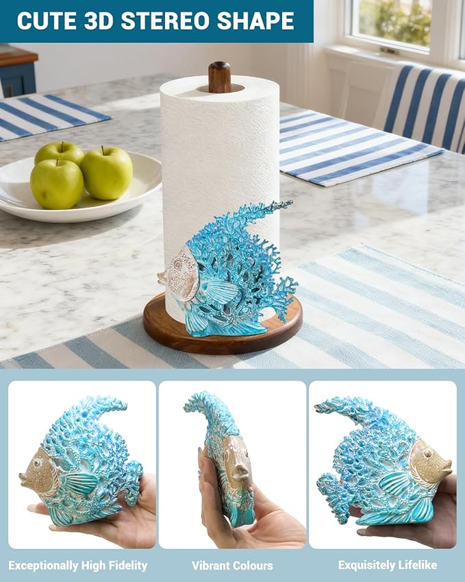 Sea Fish Paper Towel Holder, Coastal Beach Ocean Nautical Decor for Kitchen Bathroom Countertop, Freestanding Wooden Stand, Standard & Jumbo Rolls, Gift for Women
