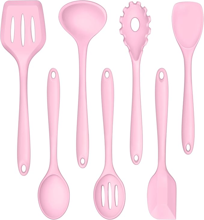 TeamFar Silicone Cooking Utensil Set of 7, Kitchen Nonstick Tools Turner Spoon Spatula Ladle Pasta Server for Nonstick Cookware, Healthy & One-Piece, Anti-Heat & Dishwasher Safe - Pink by TeamFar
