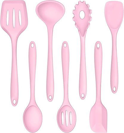 TeamFar Silicone Cooking Utensil Set of 7, Kitchen Nonstick Tools Turner Spoon Spatula Ladle Pasta Server for Nonstick Cookware, Healthy & One-Piece, Anti-Heat & Dishwasher Safe - Pink by TeamFar