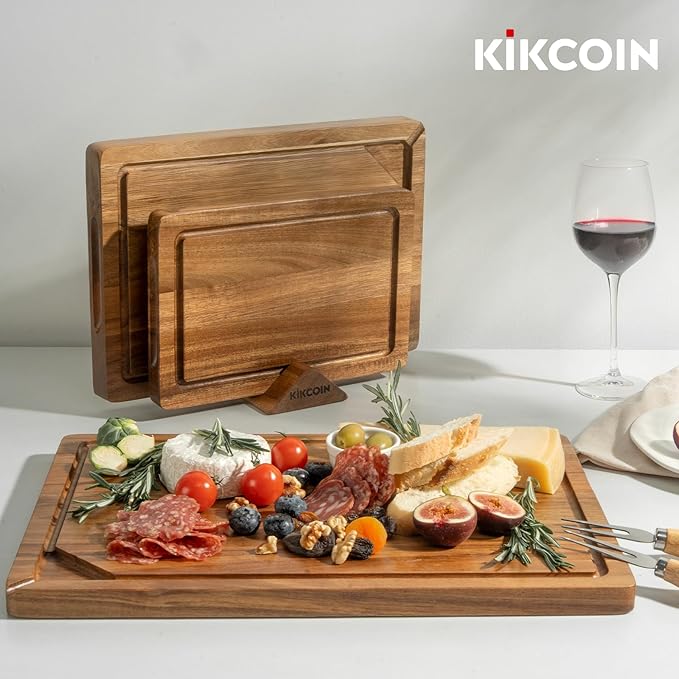 Kikcoin Acacia Wood Cutting Boards for Kitchen, 3 PCS Wooden Cutting Board Set with Holder, Chopping Board with Compartments and Juice Groove, Solid Charcuterie Boards Serving Tray Wood Butcher Block - Image 9