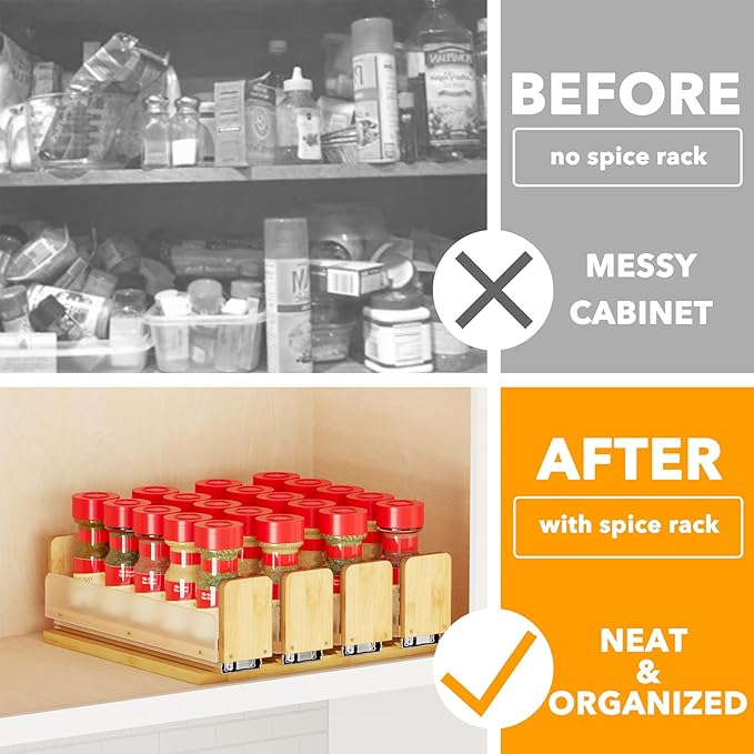 SpaceAid Bamboo Pull Out Spice Rack Organizer for Cabinet, Heavy Duty Slide Out Seasoning Kitchen Pantry Sliding Vertical Organization, 10.1" Wide, 4 Drawers(2" Wide), 1-Tier, Natural - Image 2