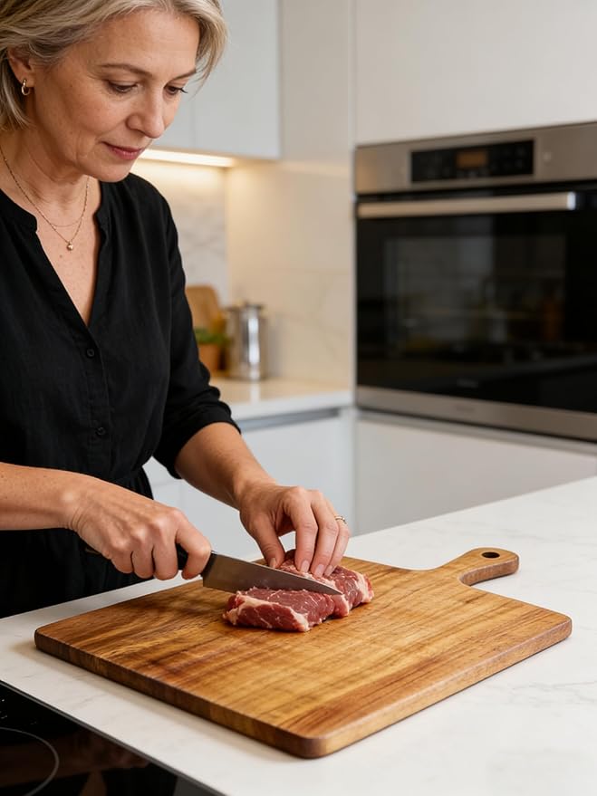 ZeQi Acacia Wood Cutting Board with Handle (15"L x 11"W), Wooden Cutting Boards, Chopping Board, Charcuterie Board, Serving board for Cheese, Bread, Pizza, Vegetables & Fruits - Image 6