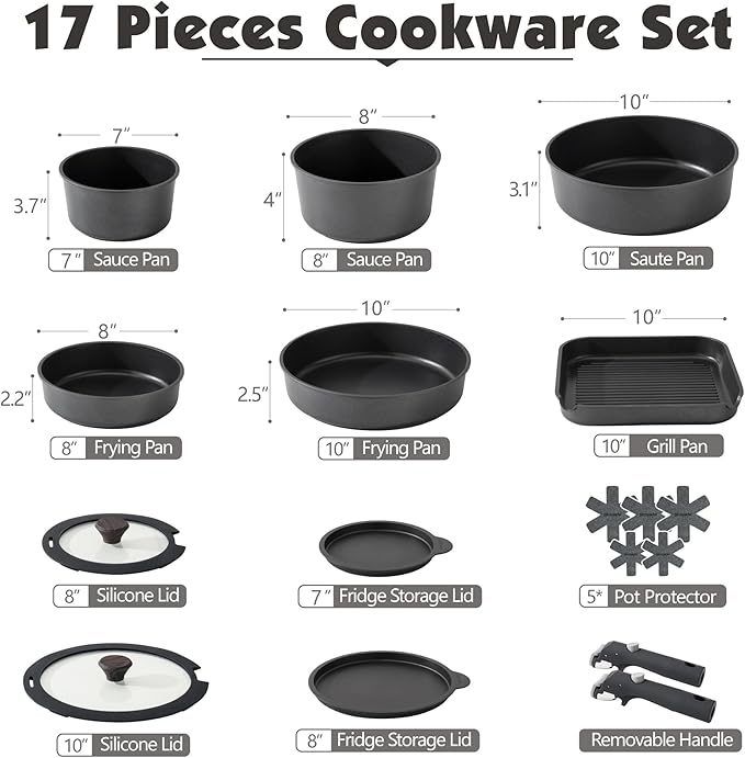 SENSARTE 17 Piece Pots and Pans Set, Nonstick Detachable Handle Cookware Set, Induction Kitchen Cookware Set with Removable Handle, Healthy Non Stick for RV, Dishwasher ＆ Oven Safe, PFOA Free (Black) - Image 2