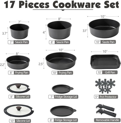 SENSARTE 17 Piece Pots and Pans Set, Nonstick Detachable Handle Cookware Set, Induction Kitchen Cookware Set with Removable Handle, Healthy Non Stick for RV, Dishwasher ＆ Oven Safe, PFOA Free (Black) - Image 2