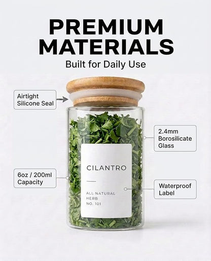 Bloomondo Empty Spice Jars with Label Pack (12x Bamboo Lid Glass Jar). Small 6oz Spice Storage Bottles with 112 Printed Stickers and 48 Writable Pantry Labels for Seasoning Containers - Image 5