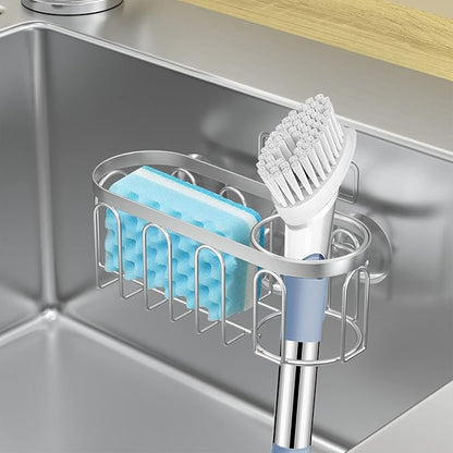 2-in-1 Sponge Holder for Kitchen Sink, Sink Caddy Kitchen Sink Organizer with 3 Suction Cups, No Drill Rustproof Sink Sponge Holder for Dish Brush, Soap & Sponge (Silver)