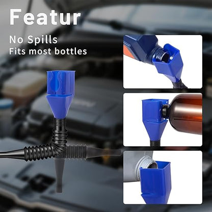 3-Pack Flexible Car Funnel for Oil Change, Retractable Snap-On Automotive Funnel with Adjustable Hose, Leak-Proof Spill-Free Design for Motorcycle, Cars, Repair Shop ﻿