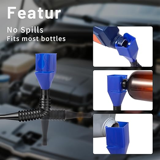 2-Pack Flexible Car Funnel for Oil Change, Retractable Snap-On Automotive Funnel with Adjustable Hose, Leak-Proof Spill-Free Design for Motorcycle, Cars, Repair Shop ﻿