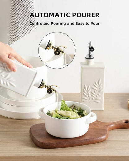 Sweejar Ceramic Olive Oil Dispenser Bottle for Kitchen, 17 Oz Relief Opaque Oil and Vinegar Dispenser Bottle with Spout, Suitable for Soy Sauce, Coffee Syrup, Liquids (White)