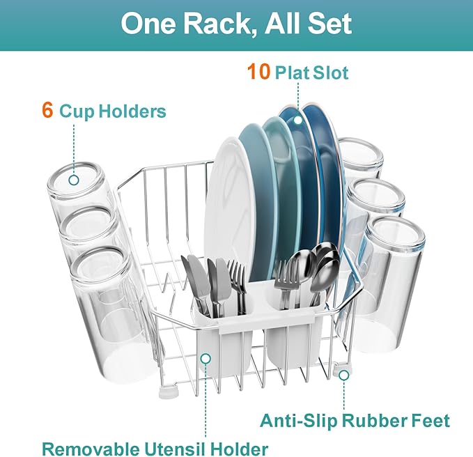 GSlife Mini in Sink Dish Drying Rack - Stainless Steel Small Dish Drainer for RV Kitchen Apartment Sink, 9.5" W x 13.4" L, White Utensil Holder - Image 4