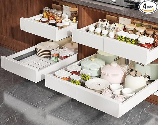 Seinloes 4 Pack Pull Out Cabinet Organizer Expandable Width(13"-21") and Depth(17"-24"),Slide Out Drawers With Raising Pad for Framed Cabinets,No Drill Roll Out Shelves for kitchen,Bathroom,White by Seinloes