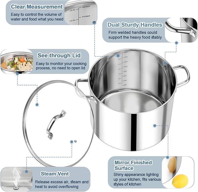P&P CHEF 16 QT Stock Pot with Lid, Stainless Steel Large Cooking Pot, Soup Canning Stockpot for Stewing Simmering, Tri-ply Bottom for All Stoves, Heavy-Duty &Dishwasher Safe & Food-Grade - Image 3