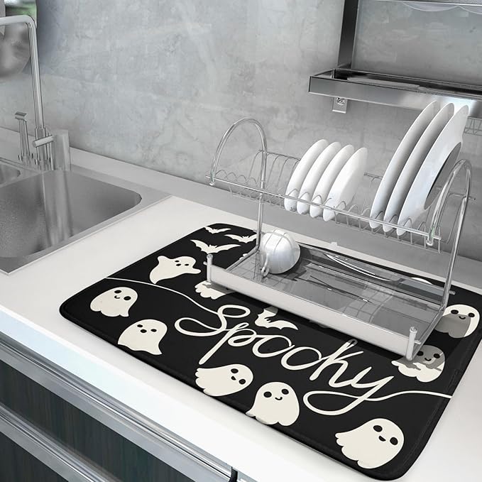 Halloween Dish Drying Mat for Kitchen Counter 18x24 Cute Ghost Black Spooky Holiday Scary Theme Absorbent Reversible Microfiber Drying Mats Kitchen Countertop Protector Dishes Drainer Pad - Image 5