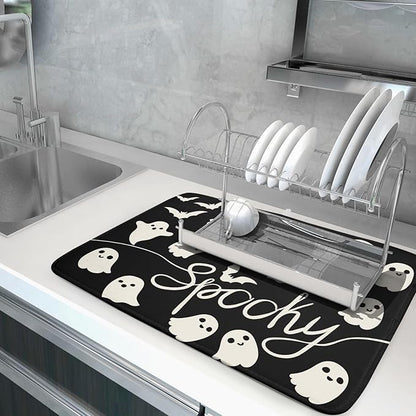 Halloween Dish Drying Mat for Kitchen Counter 18x24 Cute Ghost Black Spooky Holiday Scary Theme Absorbent Reversible Microfiber Drying Mats Kitchen Countertop Protector Dishes Drainer Pad - Image 5
