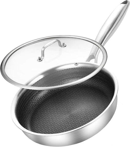 DELARLO 8inch Tri-Ply Stainless Steel Frying Pan With Lid, Nonstick Omelette Pans, Small Egg Pan Durable Chef's Pan,Induction Kitchen Skillets, Compatible with All Cooktops, Up to 600℉
