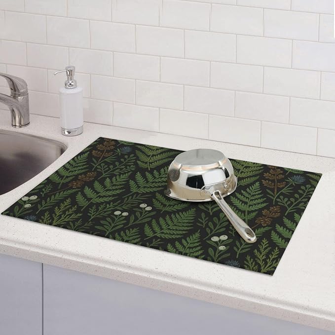 Black Sage Green Plant Dish Drying Mats for Kitchen Counter, Large 18"x24" Dish Mats for Drying Dishes, Microfiber Absorbent Dish Drying Pad Rack Mat Kitchen Decor Reusable Washable