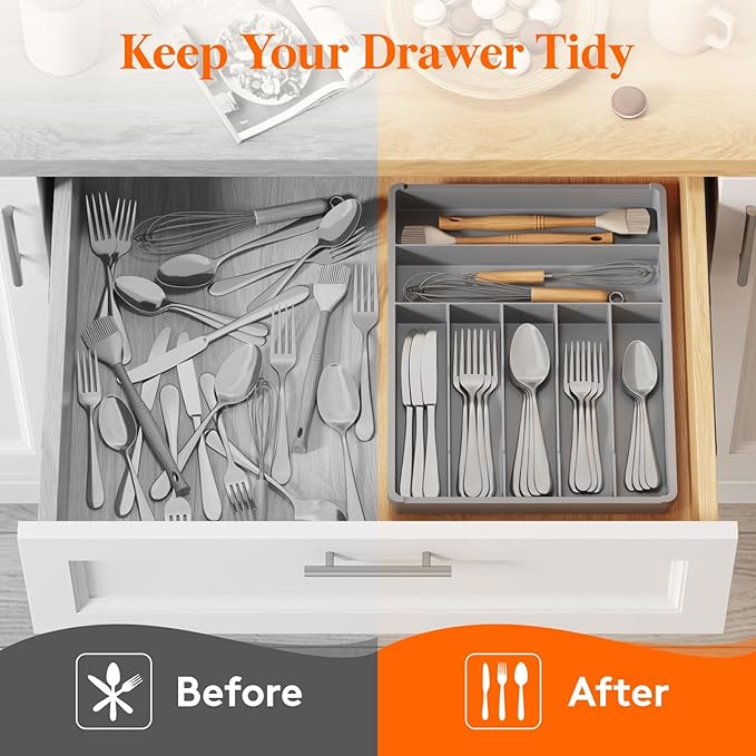 Lifewit Silverware Drawer Organizer Tray, Plastic Cutlery Storage for Kitchen, Flatware and Utensil Holder Divider for Spoons Forks Knives Tableware, 12.3 x 16", 7 Slots, Gray - Image 8