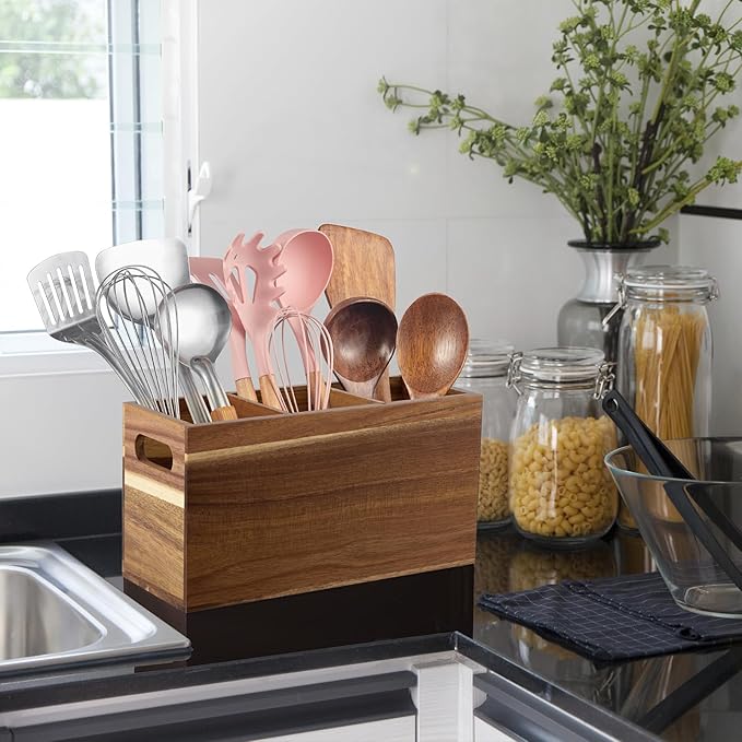 ALELION Acacia Wood Utensil Holder Organizer for Counter - Large Wooden Utensil Caddy for Countertop - 3 Compartment Cooking Tool Holder for Spatula - for Farmhouse Kitchen Decor and Accessories - Image 3