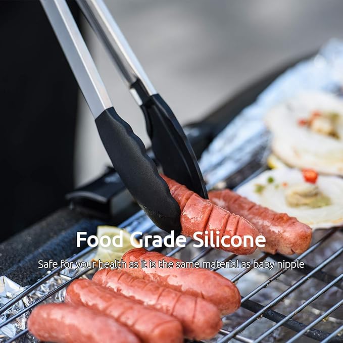 Kitchen Tongs, U-Taste 7/9/12 inches Cooking Tongs, with 600ºF High Heat-Resistant Non-Stick Silicone Tips, 18/8 Stainless Steel Handle, for Food Grill, Salad, BBQ, Frying, Serving, Pack of 3(Black) - Image 4