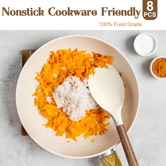 Non-Stick Silicone Kitchen Utensils Set with Natural Acacia Hard Wood Handle, Umite Chef 8 Pieces Kitchen Spatulas set, White, BPA Free, Baking, Serving and Cooking Utensils - Image 4