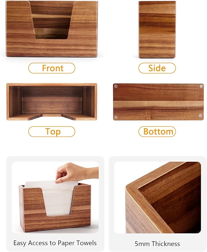 Wooden Paper Towel Holder, Napkin Holder for Bathroom Kitchen Countertop, C-Fold, Z-Fold, Trifold Hand Paper Towel Holder Dispenser