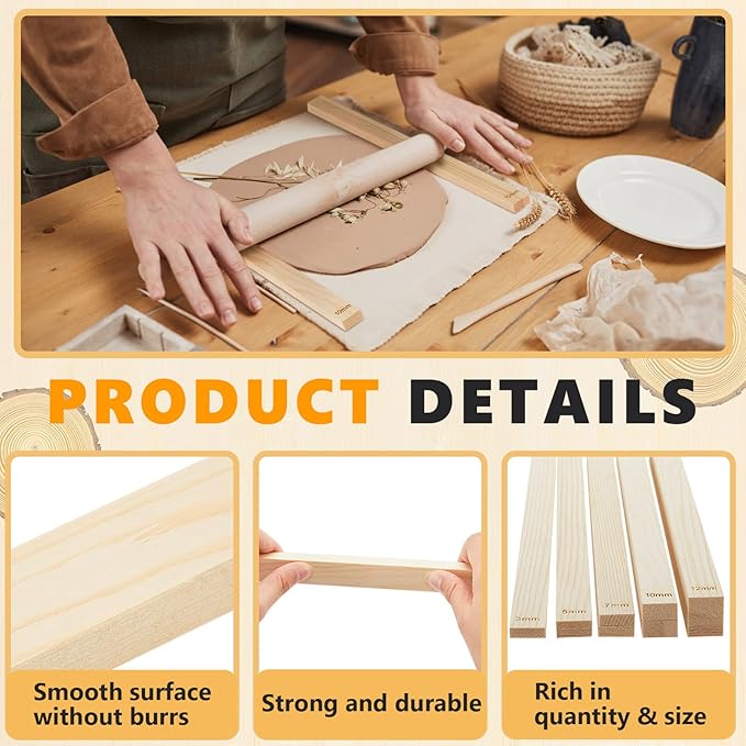 Sasylvia 10 Pcs Pottery Rolling Pin Guides Wood Teaching Rolling Mud Stick Guide Set Polymer Clay Depth Guide Pottery Tools Clay Mudboard Tools (5 Size,Wood Color) - Image 3