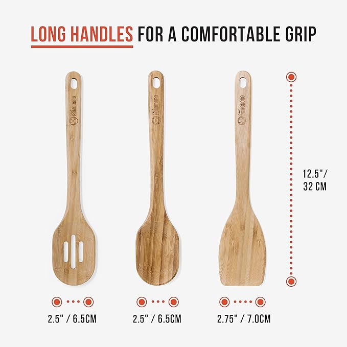 Chef Pomodoro Bamboo Cooking Utensils 3-Piece Set, Large 12.5-Inch Wooden Spatula and Frying Set