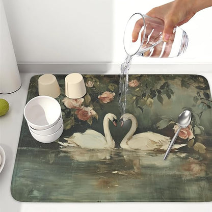 Swans Dish Drying Mat 24x18 Inch, White Swan Drying Mat with Absorbent Reversible Microfiber, Wildlife Aesthetic Dish Drainer Mats Summer Rack Pad for Coffee Countertop Kitchen Protector