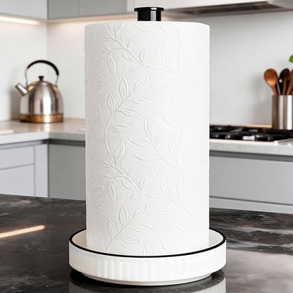 VROOMIUM Paper Towel Holder Countertop, Gold and Ceramic Base Easy-to-Clean, Fits Double to Family Rolls, Elegant and Durable Kitchen Roll Stand, Farmhouse White