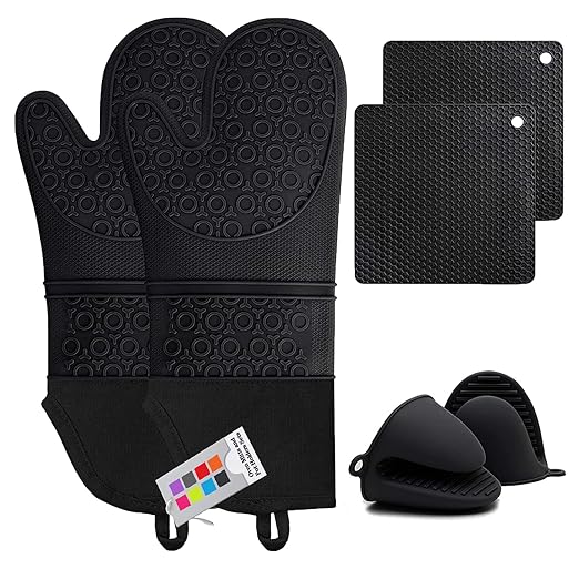Silicone Oven Mitts and Pot Holders Sets, MTZRFLL Extra Long Heat Resistant Oven Gloves with Hot Pads and Mini Oven Mits Set for Kitchen Baking Cooking, Soft Quilted Lining, Pack of 6 (Black) by MTZRFLL