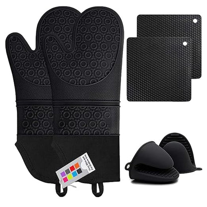 Silicone Oven Mitts and Pot Holders Sets, MTZRFLL Extra Long Heat Resistant Oven Gloves with Hot Pads and Mini Oven Mits Set for Kitchen Baking Cooking, Soft Quilted Lining, Pack of 6 (Black) by MTZRFLL