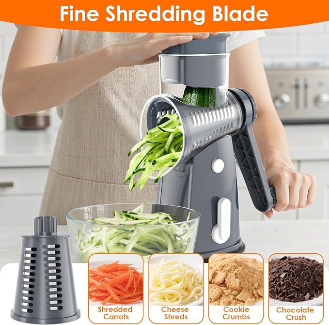 MealHelper 5 Blade Rotary Cheese Grater Hand Crank with Storage Box, Vegetable Chopper, Cheese Shredder for Cheeses, Veggies, Nuts - Easy to Use, Non-slip Suction Base, Gray - Image 7