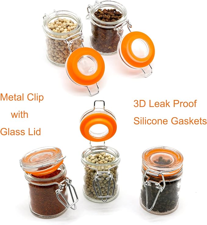 1.7 oz Mini Glass Spice Jars with Labels, Small Stash Jars with Airtight Hinged Lid, 12 Pack Empty Spice Bottles with Rubber Gasket for Herb Tea Seasoning Storage