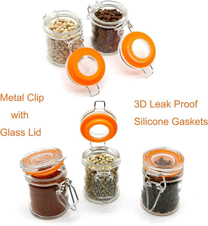 1.7 oz Mini Glass Spice Jars with Labels, Small Stash Jars with Airtight Hinged Lid, 12 Pack Empty Spice Bottles with Rubber Gasket for Herb Tea Seasoning Storage