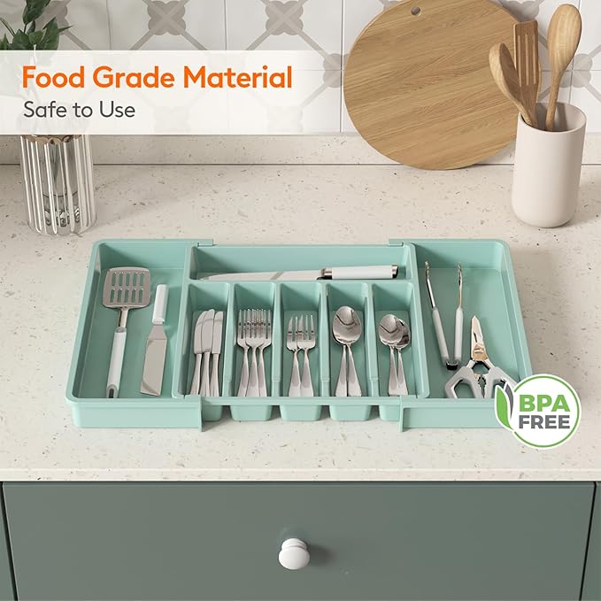 Lifewit Silverware Drawer Organizer, Expandable Utensil Tray for Kitchen, BPA Free Flatware and Cutlery Holder, Adjustable Plastic Storage for Spoons Forks Knives, 13-22 x 15", Turquoise - Image 7