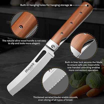 Huusk Folding Chef Knife Set - Including Nakiri, Santoku, Bread and Fruit Knives - EDC Kitchen Knife Set with 440C Stainless Steel Ultra Sharp Blade - Japanese Pocket Knives - Gifts for Mom