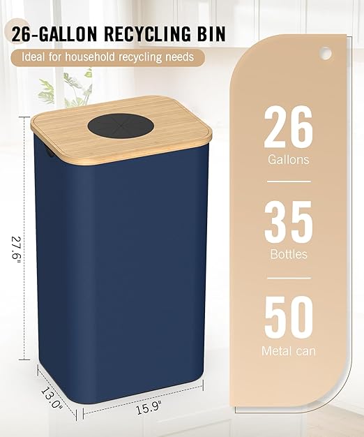 Recycling Bins for Kitchen, 26 Gallon (100L) Recycle Bin with Bamboo lid, Indoor Oxford Fabric Recycling Trash Can with 2pcs Removeable and Reusable Inner Bags for Bottle Can Glass Plastice, Blue - Image 4