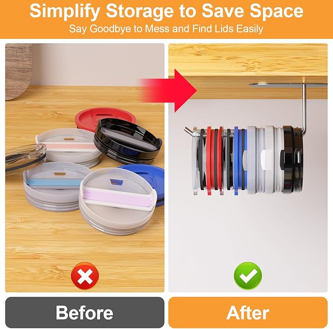 4 Pack Tumbler Lid Organizer, Space Saving Cup Lid Organizer for Yeti/Stanley/Simple Modern Tumbler Lids, Self-Adhesive or Drilling Tumbler Lid Hook for Kitchen Organizers and Storage - Image 5