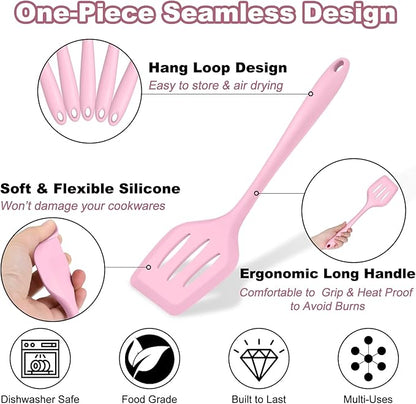TeamFar Silicone Cooking Utensil Set of 7, Kitchen Nonstick Tools Turner Spoon Spatula Ladle Pasta Server for Nonstick Cookware, Healthy & One-Piece, Anti-Heat & Dishwasher Safe - Pink - Image 4