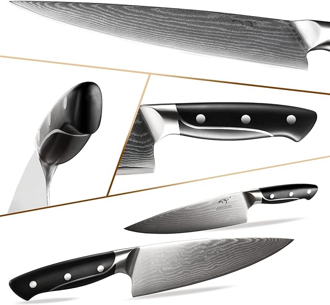 18 Pieces Damascus Kitchen Knife Set, 8 Piece Steak Knives, Non-slip ABS Ergonomic Triple Rivet Handle for Meat Fork, Knife Sharpener and Shears, 17 Slots Wooden Knife Block
