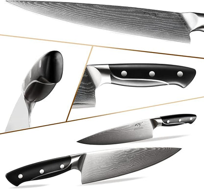 18 Pieces Damascus Kitchen Knife Set, 8 Piece Steak Knives, Non-slip ABS Ergonomic Triple Rivet Handle for Meat Fork, Knife Sharpener and Shears, 17 Slots Wooden Knife Block