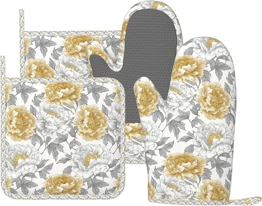 Oven Mitts and Pot Holders Vintage Flower Peony Floral Silicone Kitchen Accessories Set of 4 Heat Resistant Long Gloves Potholder Non-Slip Grip for Chef Cooking Baking Grilling BBQ