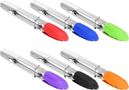 6 Pieces 7 Inch Mini Silicone Tip Tongs Kitchen Serving Tongs Small Metal Locking Tongs for Salad Grilling Cooking, 6 Colors