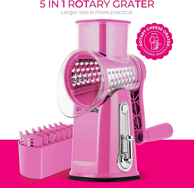 SUSTEAS Rotary Cheese Grater with Handle - Vegetable Shredder with 5 Well-designed Blades & Strong Suction Base,Round Mandoline Slicer & Food Chopper for Kitchen,with Blade Storage Box(Pink) - Image 8